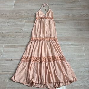 MiJo by Michelle Jonas Crochet Halter Maxi Dress in Peach Orange Small